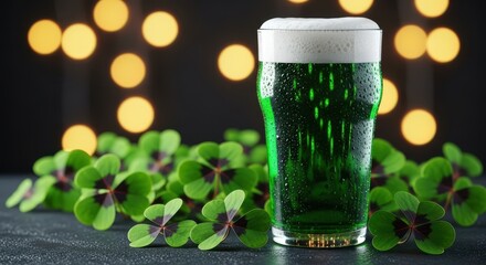 A pint of frothy green beer sits in front of a bokeh of warm golden lights, surrounded by lush green shamrocks, evoking a festive st patricks day atmosphere