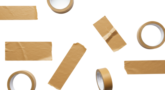 Photorealistic studio flat lay of brown kraft paper packing tape pieces (crisp, torn, crumpled) on a seamless soft white background with negative space, concept of sustainability and natural quality
