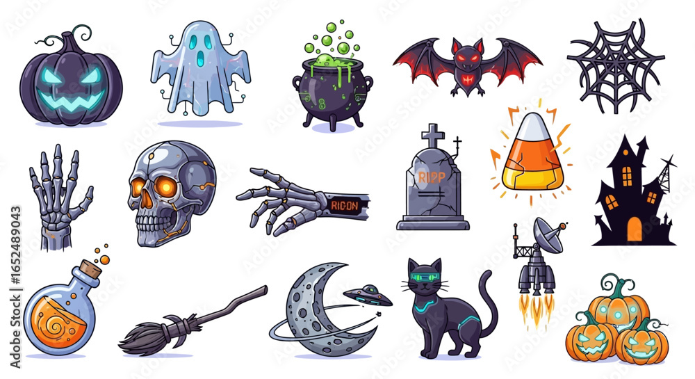 Poster vector icons set of cybernetic halloween a spooky scifi icon set with robots ghosts and ufos. vector