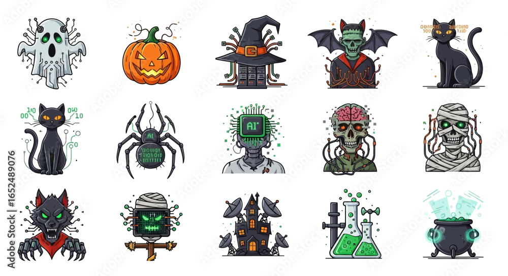 Poster vector icons set of cybernetic spooks a hightech halloween icon set with ai monsters and digital mag