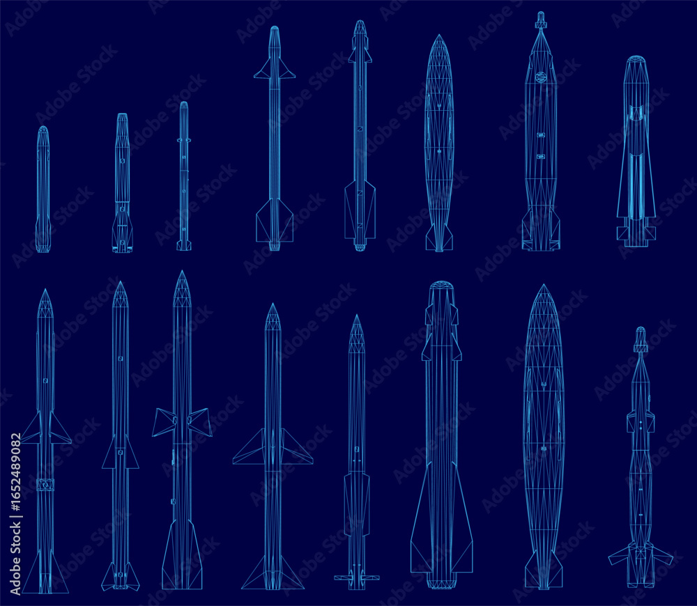 Poster blueprint of various rockets arranged in a grid pattern on a blue background. each missile features 