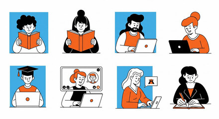 Diverse cartoon characters engage in digital learning and traditional study methods in a modern