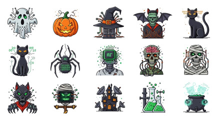 Fototapeta premium Vector Icons Set of Cybernetic Spooks A HighTech Halloween Icon Set with AI Monsters and Digital Magic. Vector Illustrations. EPS Editable