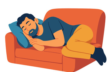 Man sleeping peacefully on orange couch with blue pillow man sleeping on couch