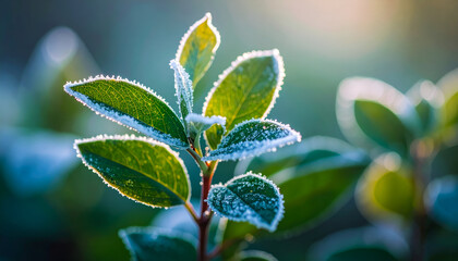 Frost-covered leaves glistening in morning sunlight, showcasing delicate winter details.