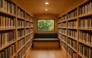 A beautiful cabin library filled with books, creating a perfect reading space with a view of nature.