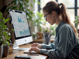 Workspace with computer showing graphs, plants and office supplies. Ideal for remote work articles, productivity tools, and modern business content