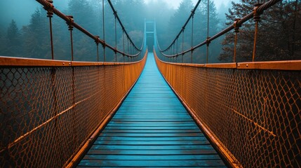 Misty suspension bridge, vivid colors