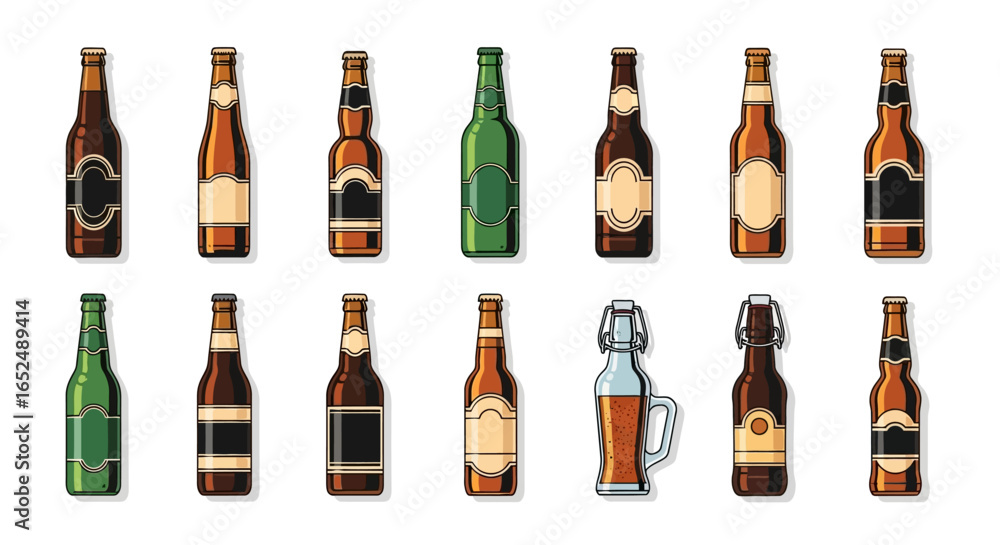 Poster vector icons set of diverse beer bottle collection stylized vector icons with blank labels. vector i