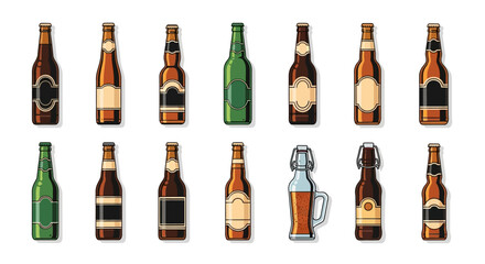 Vector Icons Set of Diverse Beer Bottle Collection Stylized Vector Icons with Blank Labels. Vector Illustrations. EPS Editable