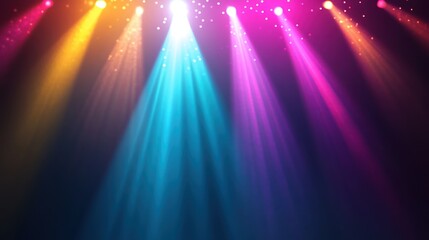 Multicolored stage lights converge, creating a vibrant, atmospheric glow on a dark background
