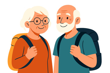 Obraz premium Elderly couple smiling while standing together with backpacks senior couple with backpacks