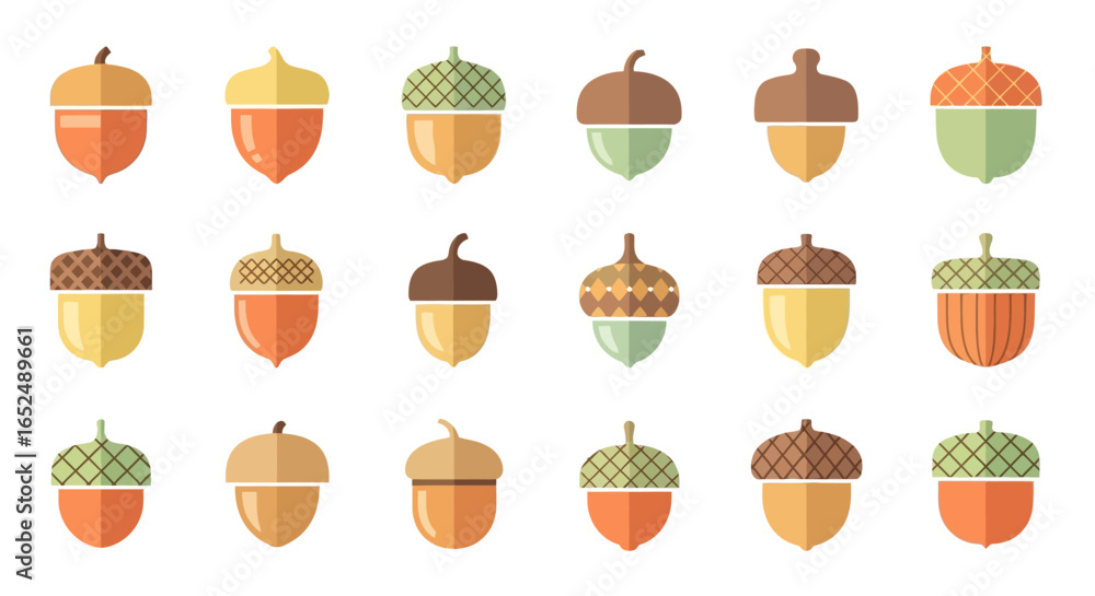 Poster vector icons set of diverse collection of stylized acorn icons in an autumnal flat design palette. v