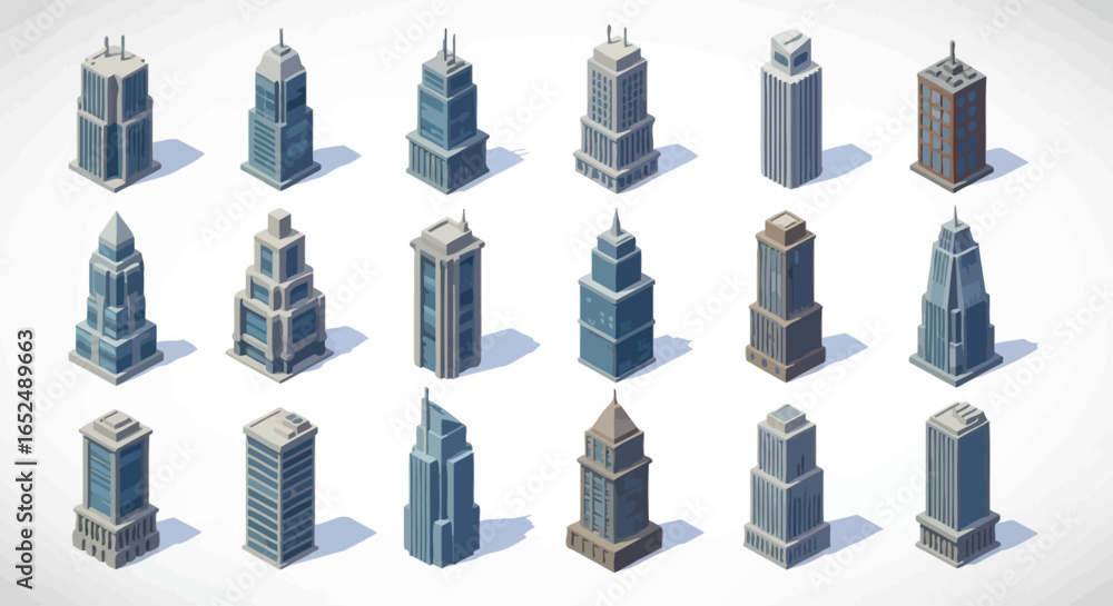 Poster vector icons set of diverse collection of modern isometric skyscraper and office building illustrati