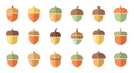 Vector Icons Set of Diverse Collection of Stylized Acorn Icons in an Autumnal Flat Design Palette. Vector Illustrations. EPS Editable