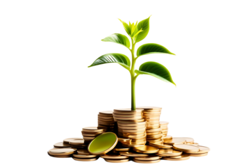 Investment growth concept with a green plant growing from gold coins, isolated on transparent cutout background, cut out, png
