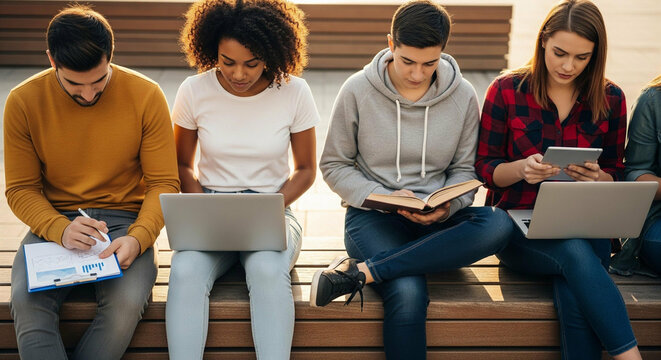 Diverse group of young adults engaged in learning and technology outdoors on campus