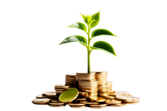 Investment growth concept with a green plant growing from gold coins, isolated on transparent cutout background, cut out, png