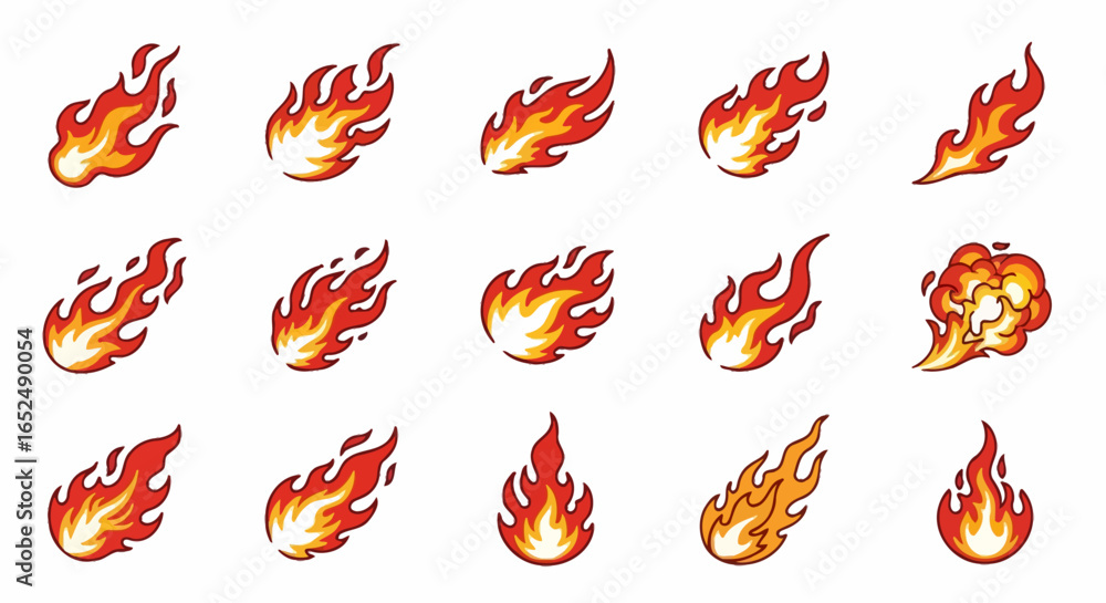 Poster vector icons set of dynamic cartoon fireball and flame icons a vibrant vector set. vector illustrati