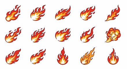 Obraz premium Vector Icons Set of Dynamic Cartoon Fireball and Flame Icons A Vibrant Vector Set. Vector Illustrations. EPS Editable