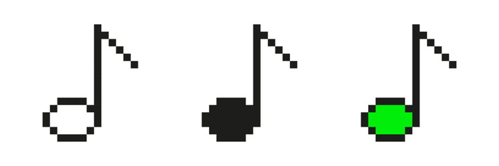 Pixel Art Music Note Icon Set. Musical Symbol Collection In Pixelated Style. Includes Black And Green Variations For Digital And Retro Design. Isolated Vector Illustration