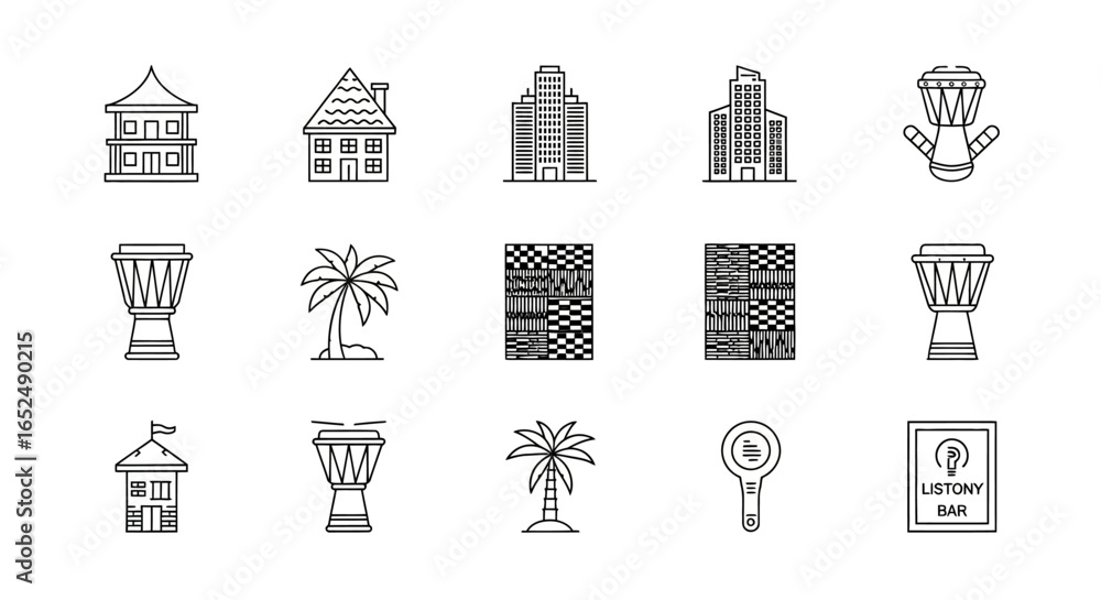 Poster vector icons set of eclectic set of minimalist line icons featuring culture architecture and music. 
