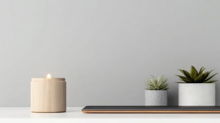 Simple Workstation with Wooden Candle Holder and Greenery, Cozy Ambiance for Meditation App Interfaces.