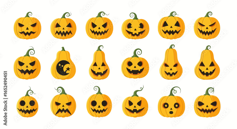 Poster vector icons set of expressive jackolanterns a diverse set of spooky funny and angry carvings. vecto