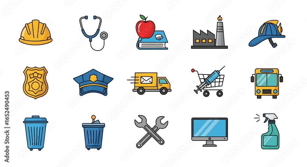 Poster vector icons set of essential workers and public services a colorful cartoon icon set for community 
