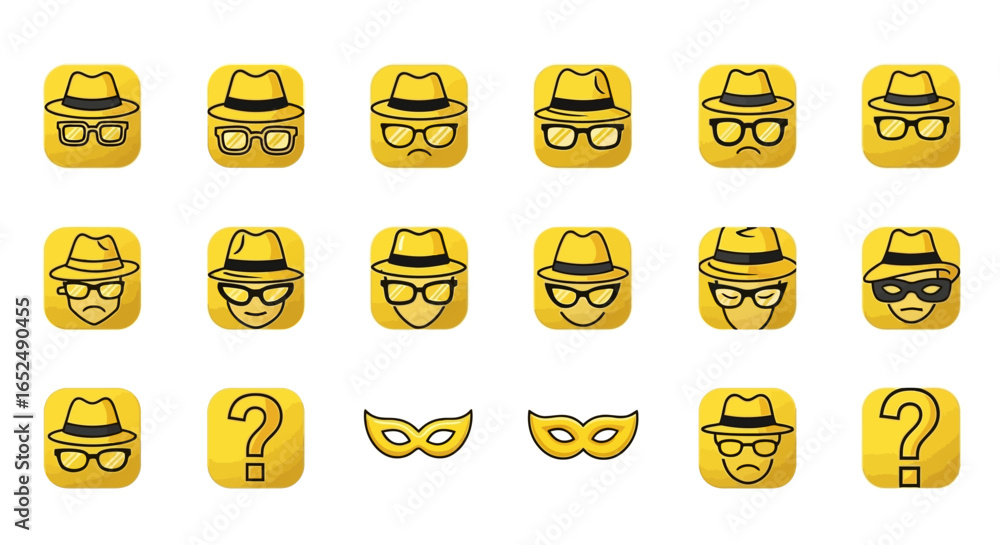 Poster vector icons set of faces of anonymity a yellow vector icon set of spies and disguises. vector illus