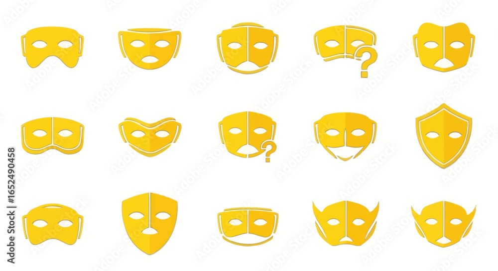 Poster vector icons set of faces of disguise a golden array of stylized theatrical mask icons. vector illus
