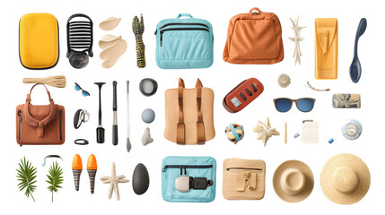Pack your perfect travel essentials with stylish bags, sunglasses, hats, and grooming items isolated on white background