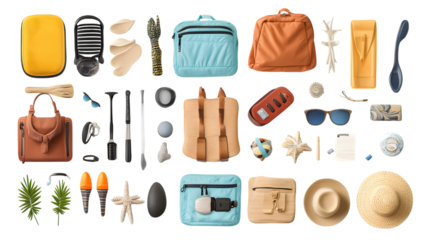 Pack your perfect travel essentials with stylish bags, sunglasses, hats, and grooming items isolated on white background