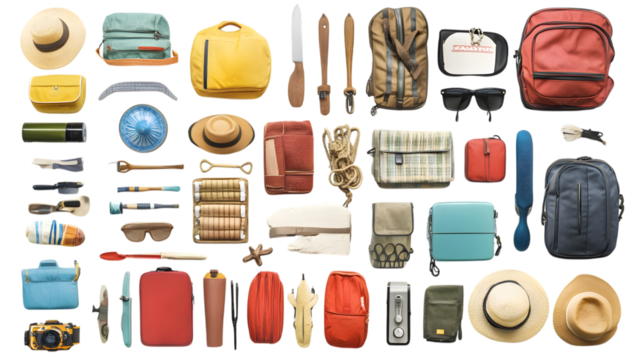 Essential travel gear and accessories beautifully arranged for your next adventure isolated on white background