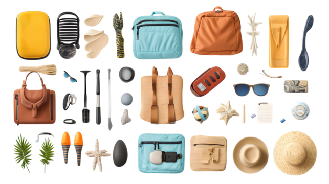 Pack your perfect travel essentials with stylish bags, sunglasses, hats, and grooming items isolated on white background