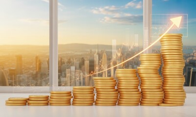 Gold coins stacked in ascending order, with a growing upward trend overlayed.