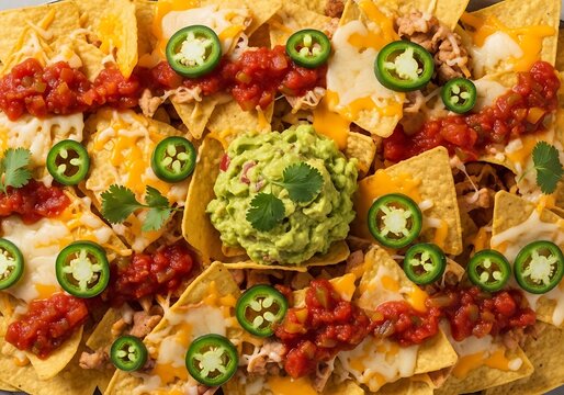 Loaded nachos, cheesy & spicy, topped with salsa, guacamole, and jalape?os. Perfect for game day, parties, or a delicious, savory snack.