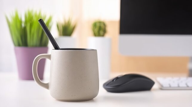 Home Office Still Life with Laptop, Mouse and Stoneware Mug, Efficient Environment Concept for Freelancer Resources.