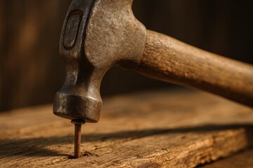 Old Hammer Driving Rusty Nail into Wood