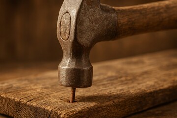 Old Hammer Driving Rusty Nail into Wood