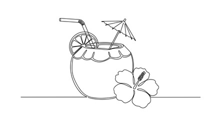 Obraz premium Tropical cocktail continuous line drawing vector illustration