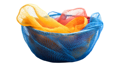 Vibrant textures of colorful mesh nets in a modern bowl, perfect for creative design projects isolated on white background