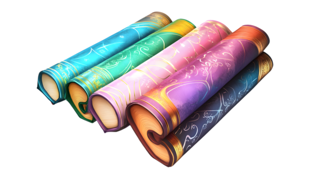 Elegant rolled scrolls with ornate designs and gold accents in vibrant colors, perfect for creative projects isolated on white background
