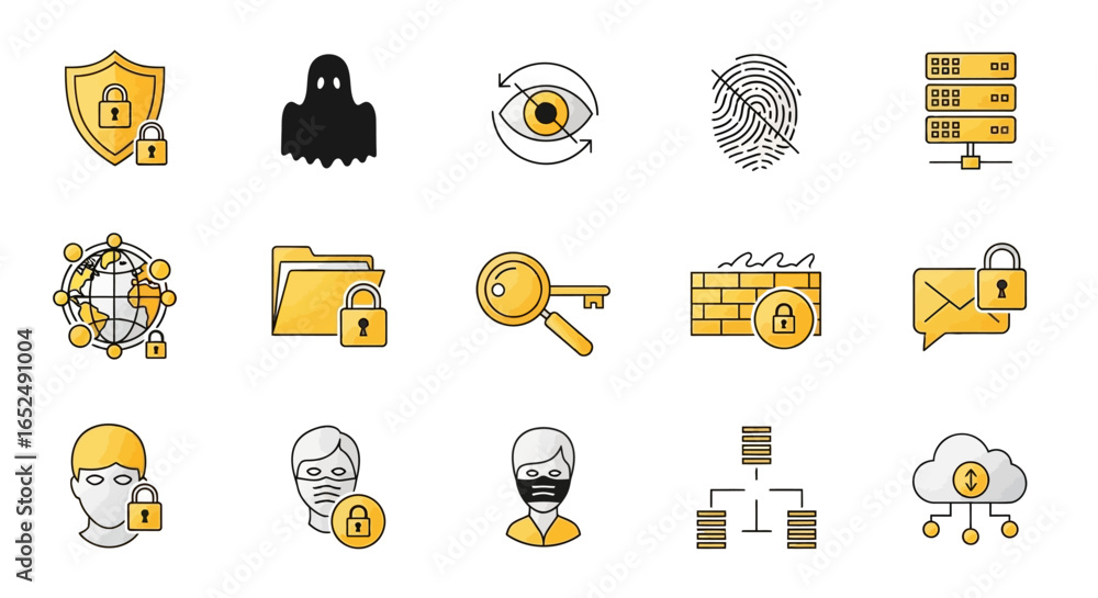 Poster vector icons set of gold gradient cybersecurity icons for digital security and privacy concepts. vec