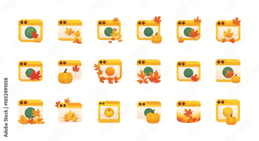 Poster vector icons set of golden autumn web interface icons a festive set with pumpkins and leaves. vector