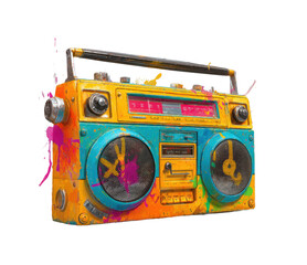 Colorful graffiti-style boombox urban street digital vibrant isolated on transparent background, png