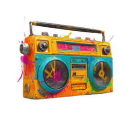 Colorful graffiti-style boombox urban street digital vibrant isolated on transparent background, png