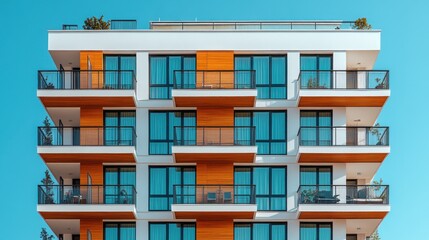 Obraz premium Modern apartment building facade, multiple levels of windows and balconies, against a clear blue sky