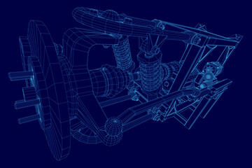 A detailed 3D model of a modular car engine with electric motor components, showcasing suspension and wireframe structure on a blue background. The intricate design highlights mechanical.