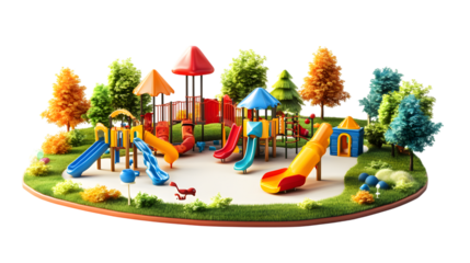 Vibrant playground scene with colorful slides and structures for children's fun and games isolated on white background